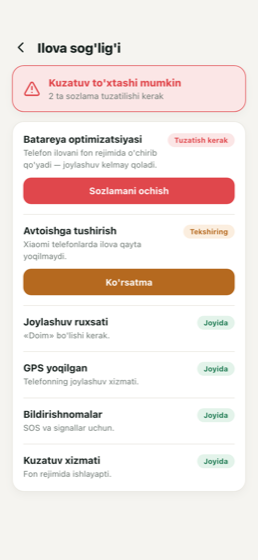 «Ilova sog'lig'i» ekrani: «Kuzatuv to'xtashi mumkin» ogohlantirishi, batareya optimizatsiyasi va avtoishga tushirish sozlamalari tuzatish kerak, qolgan ruxsatlar joyida.
