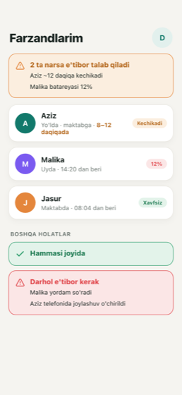 Ilovaning oila ekrani: «2 ta narsa e'tibor talab qiladi» bildirishnomasi, uch bolaning holati va Azizning maktabga 8–12 daqiqada yetib borishi haqida taxmin.